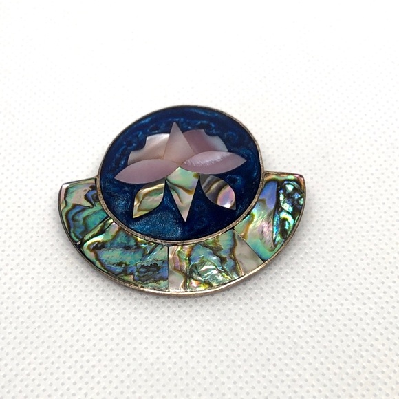 Vintage Alpaca Sterling Floral Mother Of Pearl & Abalone Inlay Brooch Pendant - Picture 4 of 7